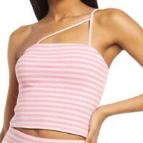 AFRM Pink Striped Ribbed "Saddle" One Shoulder Crop Top Sz Medium Womens Bnwot - Picture 1 of 8